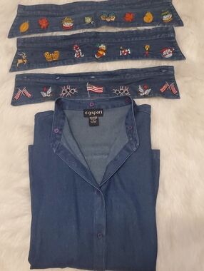 Women's Dark Blue Jean Shirt with Decorative interchangeable Embroidered Trim